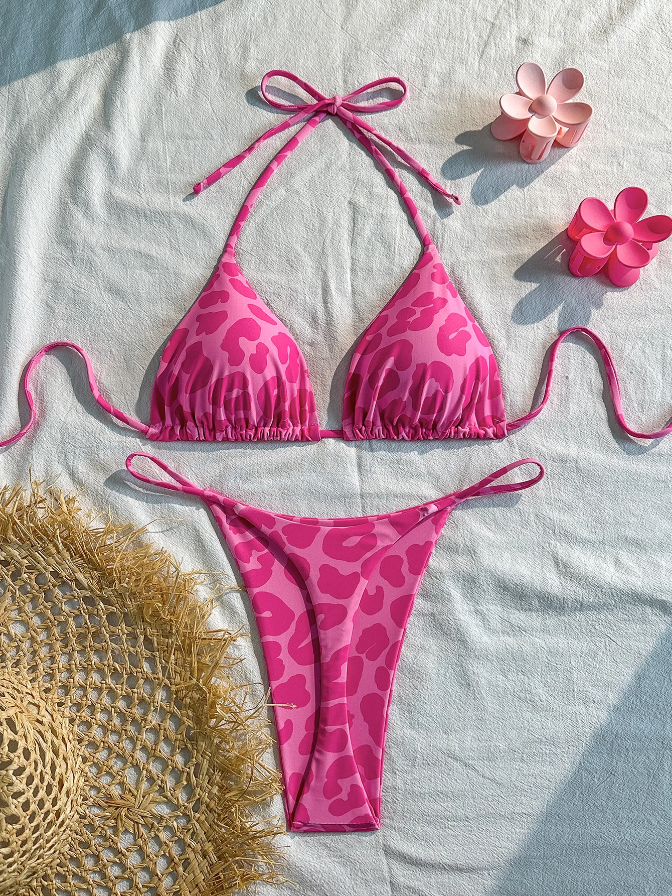Women's Bikini Swimsuit Set, Pink Leopard Print Two-Piece Swimsuit, Sexy Thong with Straps