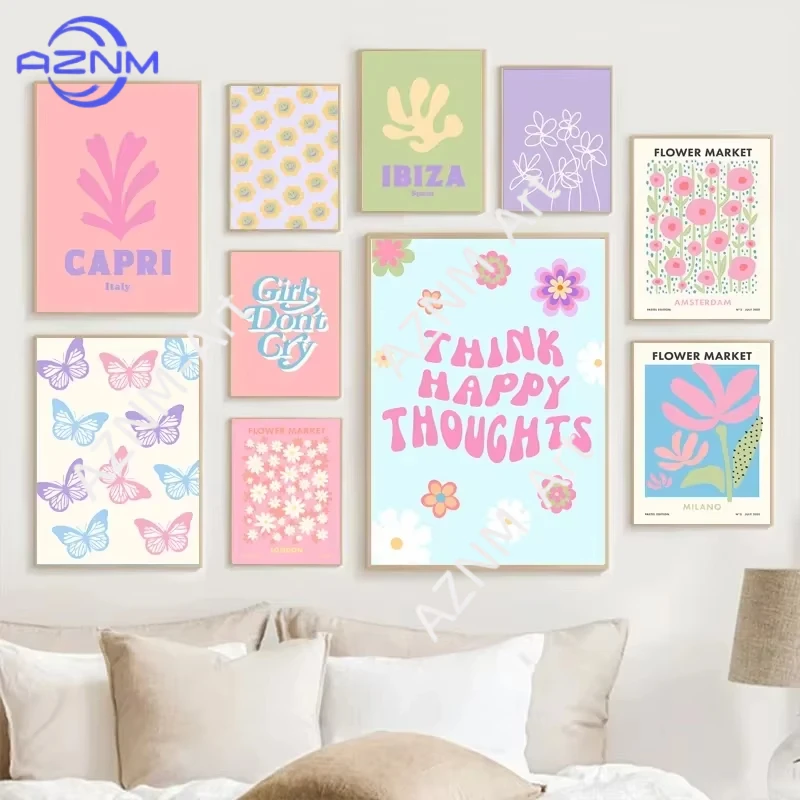 1 Stück Dänisches Pastell Wandkunst Poster Druck Lila Kariertes Smiley-Blumen Leinwandbild für Wohnzimmer und Zuhause