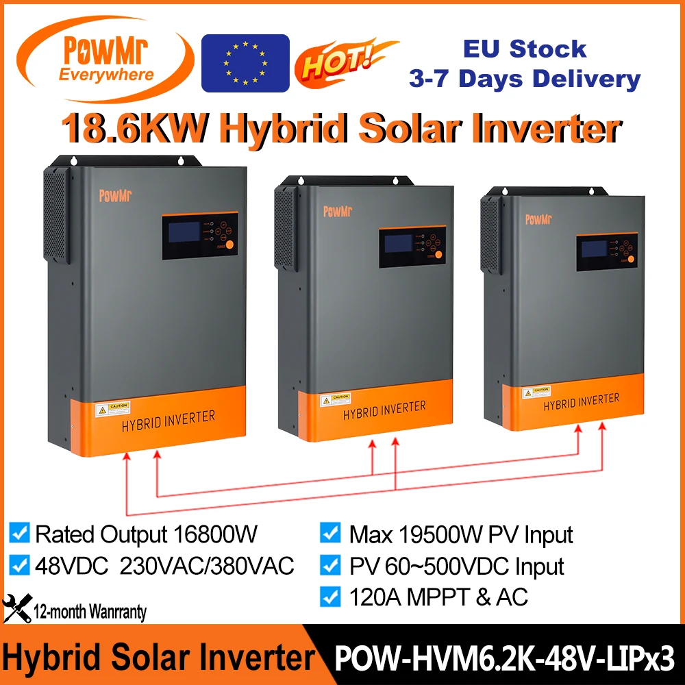 18. 6kW Hybrid Solar Inverters 48V to 230VAC/380VAC 3-Phase outputt PV 500VDC Input With 120A MPPT Solar Controller and WIFI