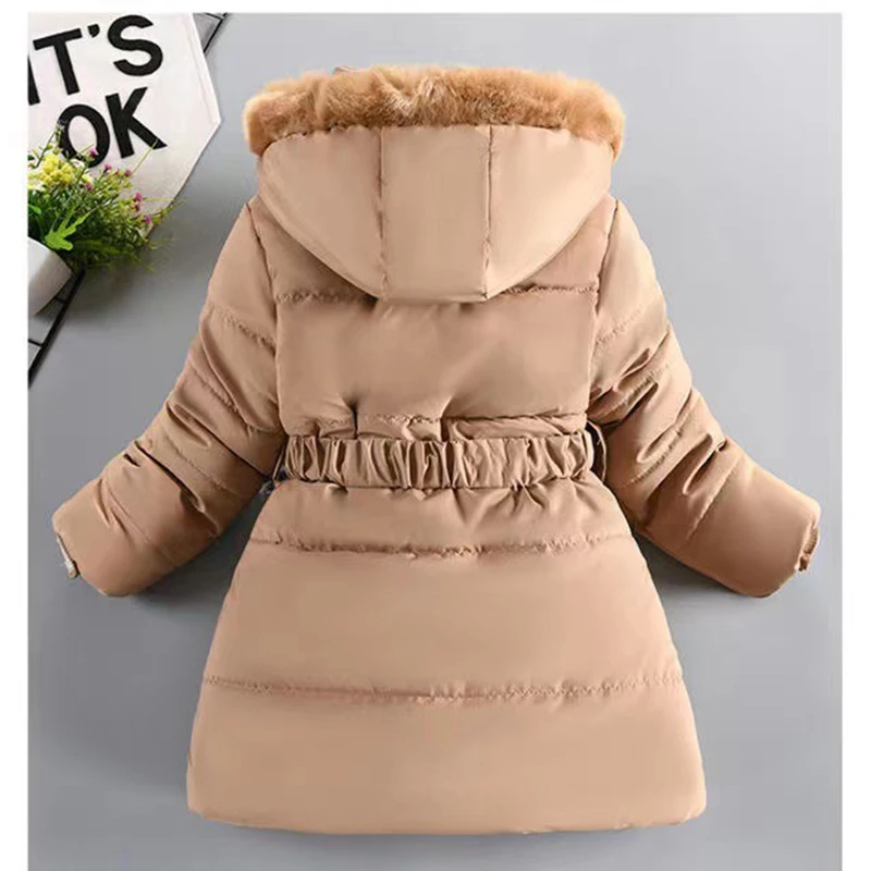 Winter Pearl Embellishment Girls Jacket Thick Keep Warm Lining Plush Long Style Hooded Coat For Kids Children Cold Proof Clothes