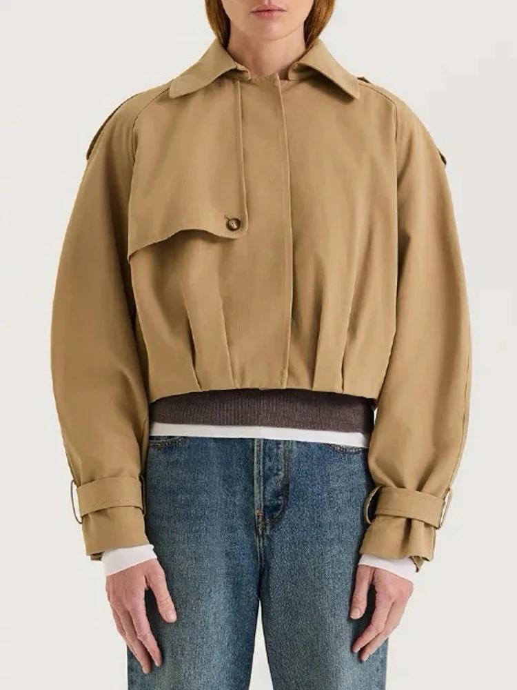 2026 Autumn Women's Clothing Retro Solid Color Lapel Pleated Waist Short Windbreaker Jacket Fashion Versatile Work Style Jacket