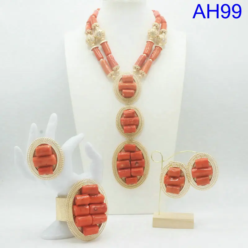 African Fashion Real Coral Beads Wedding Jewelry Necklace Set Nigeria Wedding Accessories