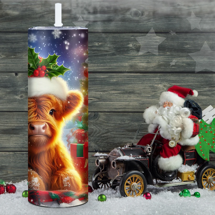 20oz Party Vacuum Tumblers Straw Lid 3D Print Christmas Highland Cow Party Tumbler Stainless Hot Cold Insulated Mugs Party Gift