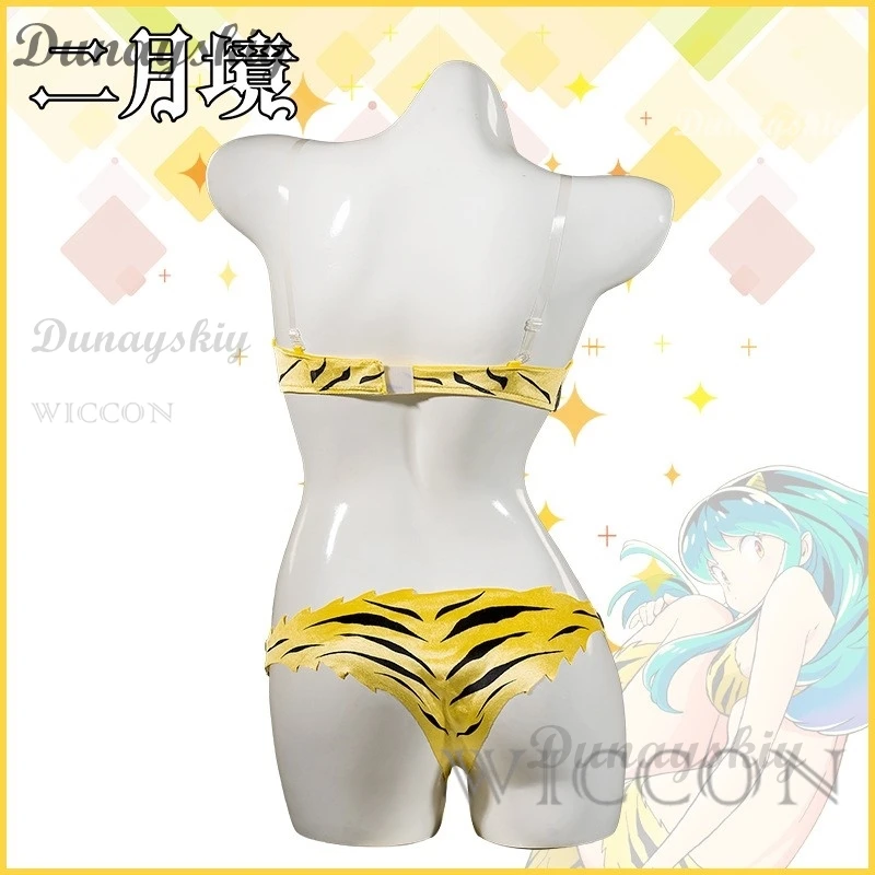 Disfraz de Anime Lum Urusei Yatsura, peluca de Lamu, traje de baño para mujer, Bikini Sexy, ropa de baño, trajes de fiesta de Halloween, calcetines