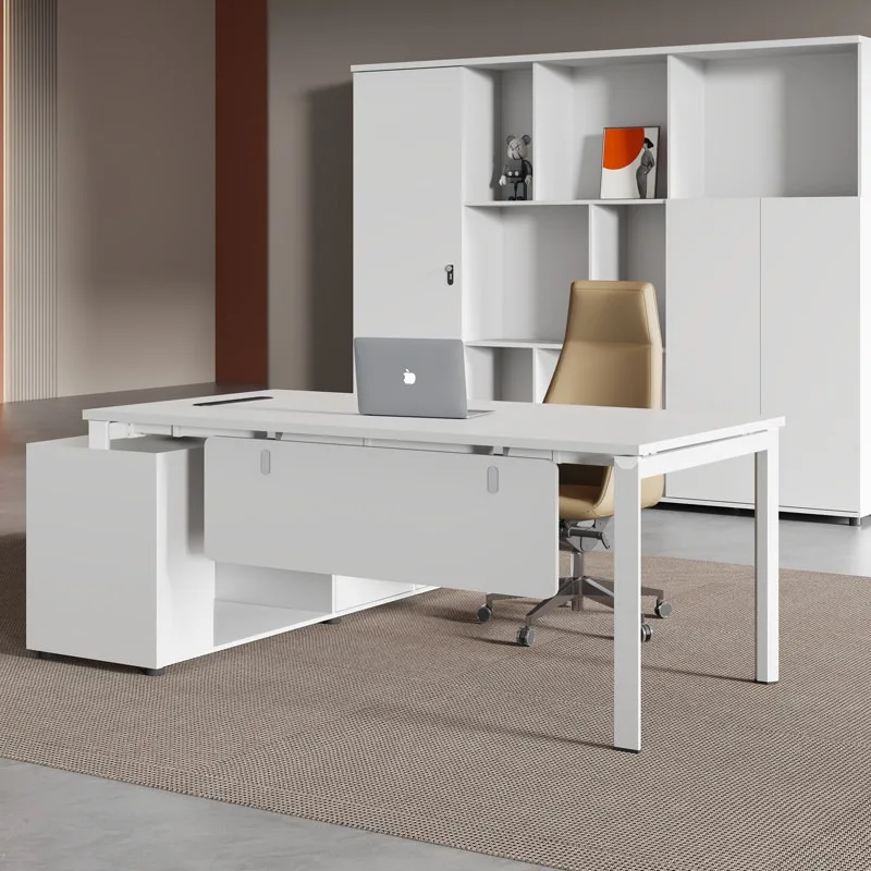 Company office boss table white simple modern office furniture set steel frame supervisor table and chair combination