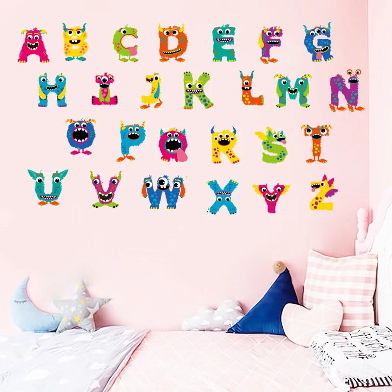 Cartoon 26 letters cute big eye animal wall stickers for rooms for kids home decoration children wall decal poster mural