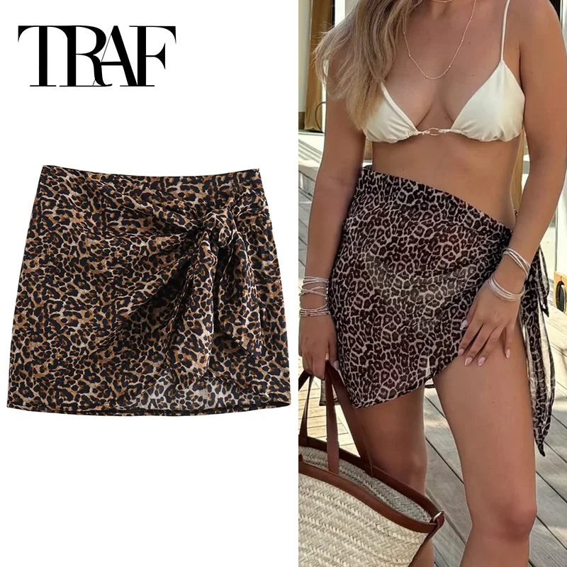 TRAF Leopard Mini Skirt Women Animal Print Pareo Wrap Beach Skirt Summer High Waist Short Skirts Woman Fashion Holiday Skirts