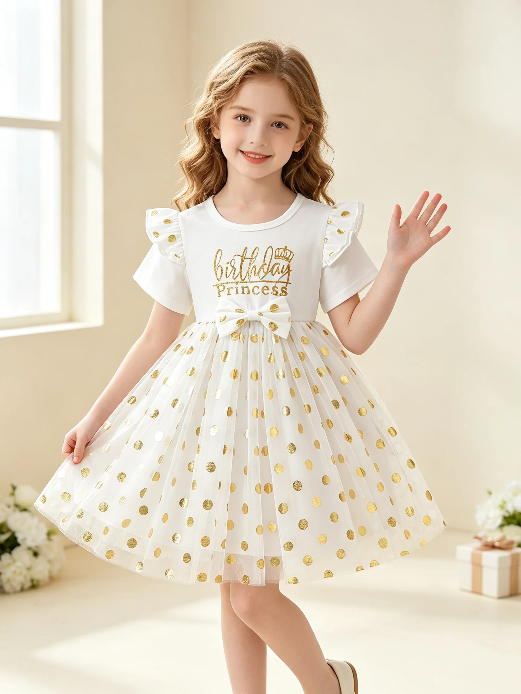 Children's round Neck Dress with Letter Print Lotus Leaf Short Sleeves Polka Dot Bow Detail Mesh Skirt Long A-Line Dress