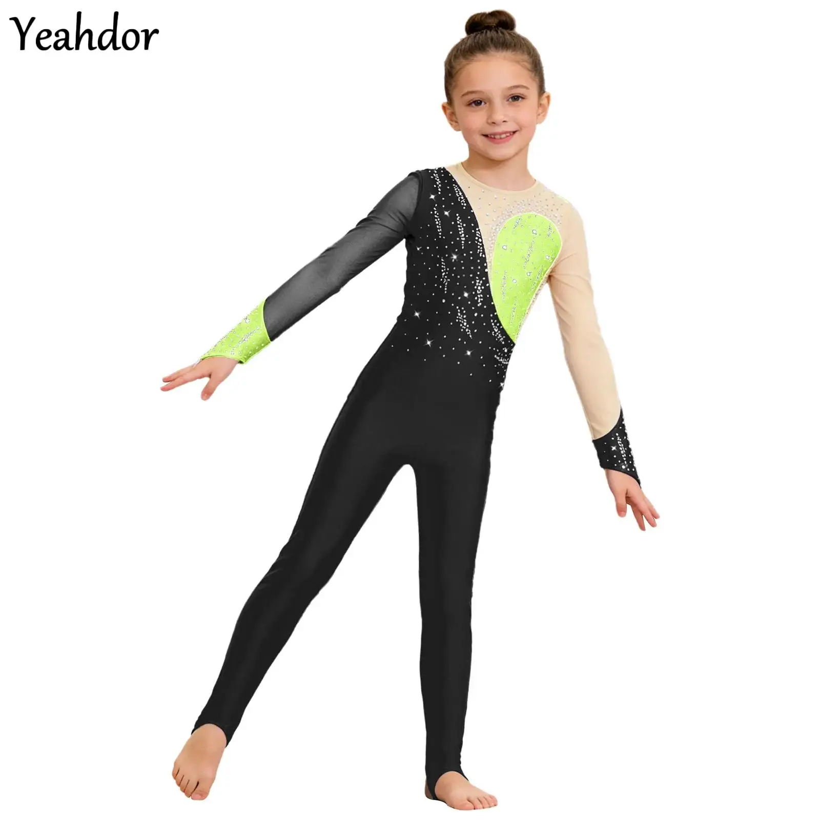 

Kids Girls Gymnastics Dance Jumpsuit One Piece Full Bodysuit Long Sleeves Sheer Mesh Patchwork Rhinestones Stirrup Unitard Suits