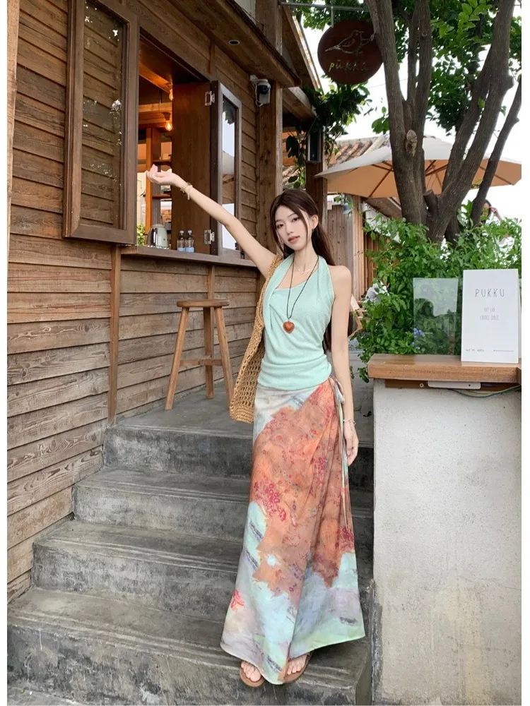 

Spring 2026 Women's Tie Dye Halter Neck Vest And Skirt Set Fashionable Design Pure Desire Two Piece Suit High Waist Slim Fit