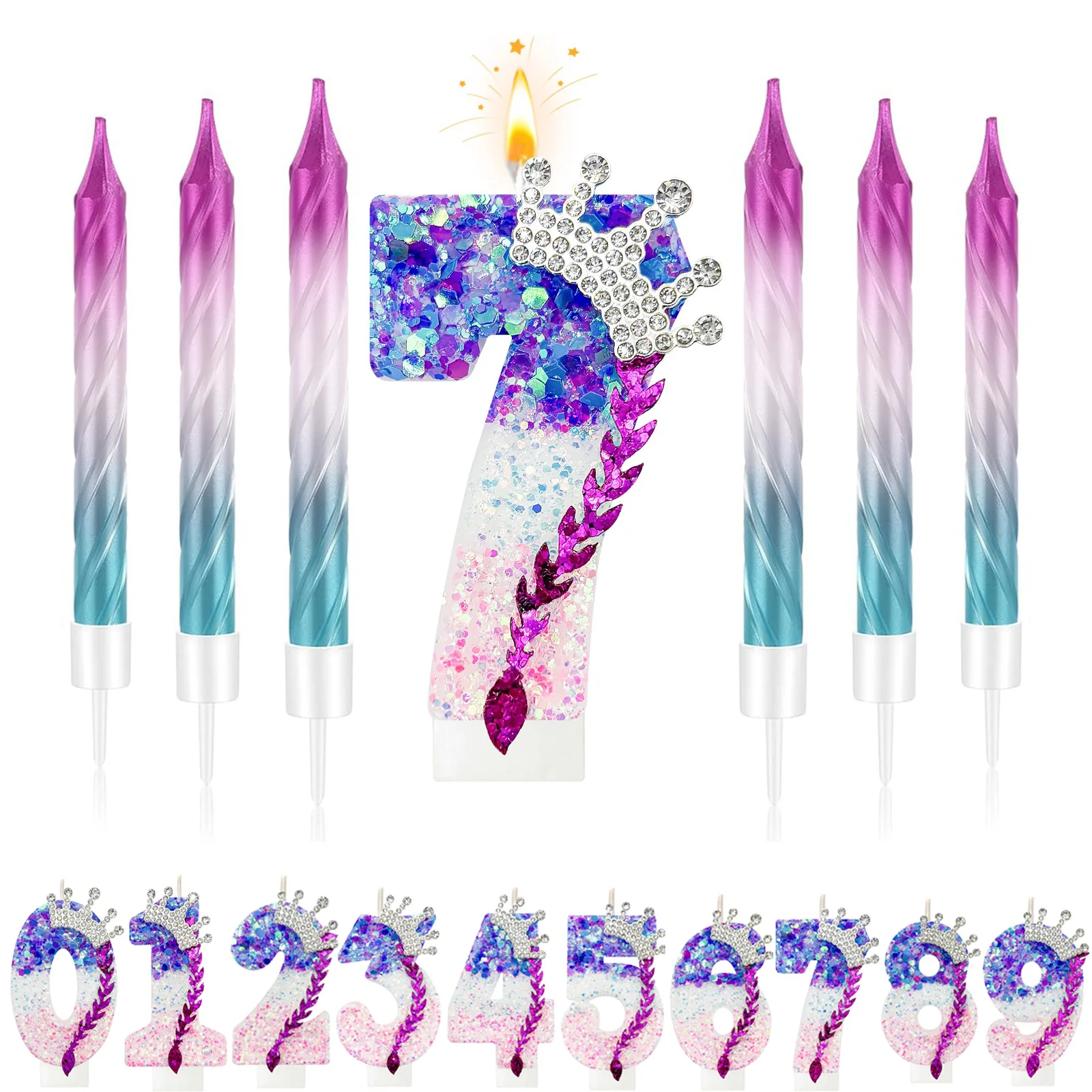 Number 0-9 Birthday Candle Pink Purple Gradient Sparkly Cake Topper – Trendy Idol Style Birthday Decorations for Party Cake ﻿