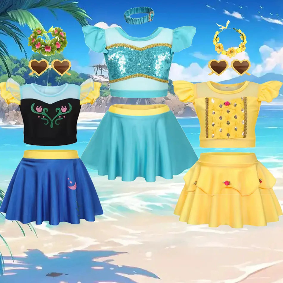 

Baby Girls Beach Bikini Swimsuit Kids Jasmine Belle Onepiece Swimwear with Sunglasses Earrings Child Summer Swimming Outfit