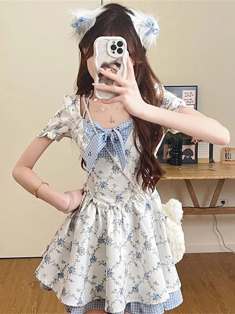 Jmprs lindo vestido Floral con lazo mujeres Kawaii dulce Mini vestido de manga corta Casual Vintage ajustado estilo Preppy señora Japón vestido de Lolita