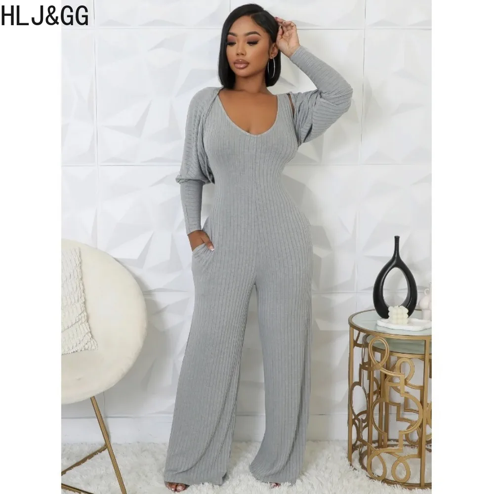 HLJ&GG Casual Ribber Wide Leg Pants One Pieces Jumpsuits Two Piece Sets Women Sleeveless Playsuit And Long Sleeve Top Outfits