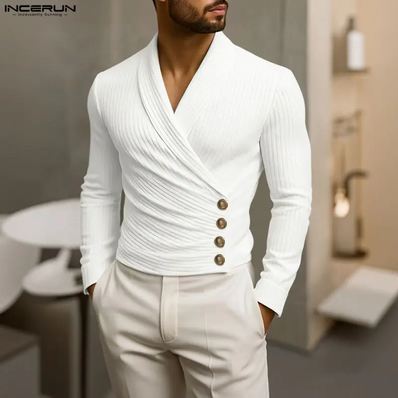 INCERUN Men T Shirt Solid Color Knitted V Neck Long Sleeve Male Tee Tops 2026 Streetwear Spring Fashion Casual Camisetas S-3XL