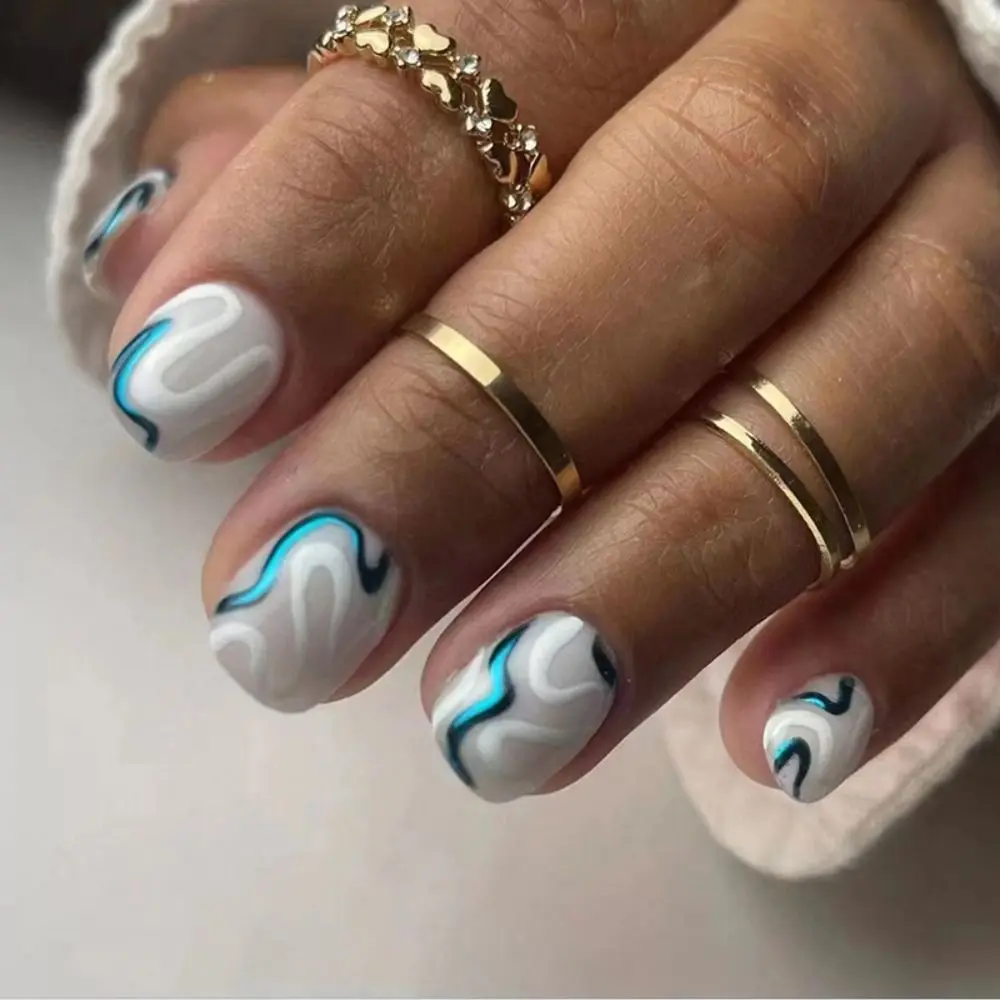 Detachable Short Round False Nails Blue Sparkling French Fake Nails Love Heart Full Cover Nail Tips for Salon