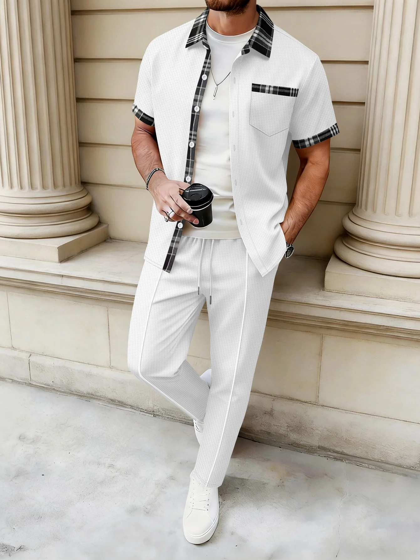 Immagine 6: Set da uomo in maglia waffle a 2 pezzi con camicia e pantaloni con bordi a quadri e bottoni, taglie S-3XL