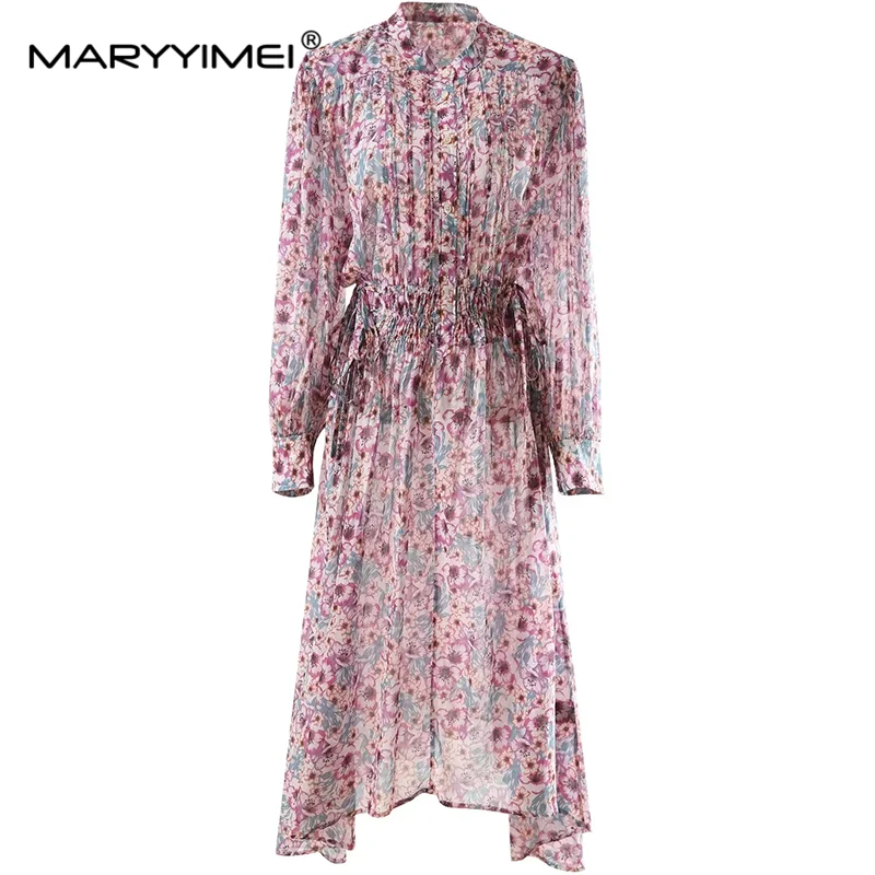 

MARYYIMEI Autumn Women's Dress Lantern Sleeved Lace-Up Elastic Waist Single-Breasted Elegant Print Asymmetrical Dresses