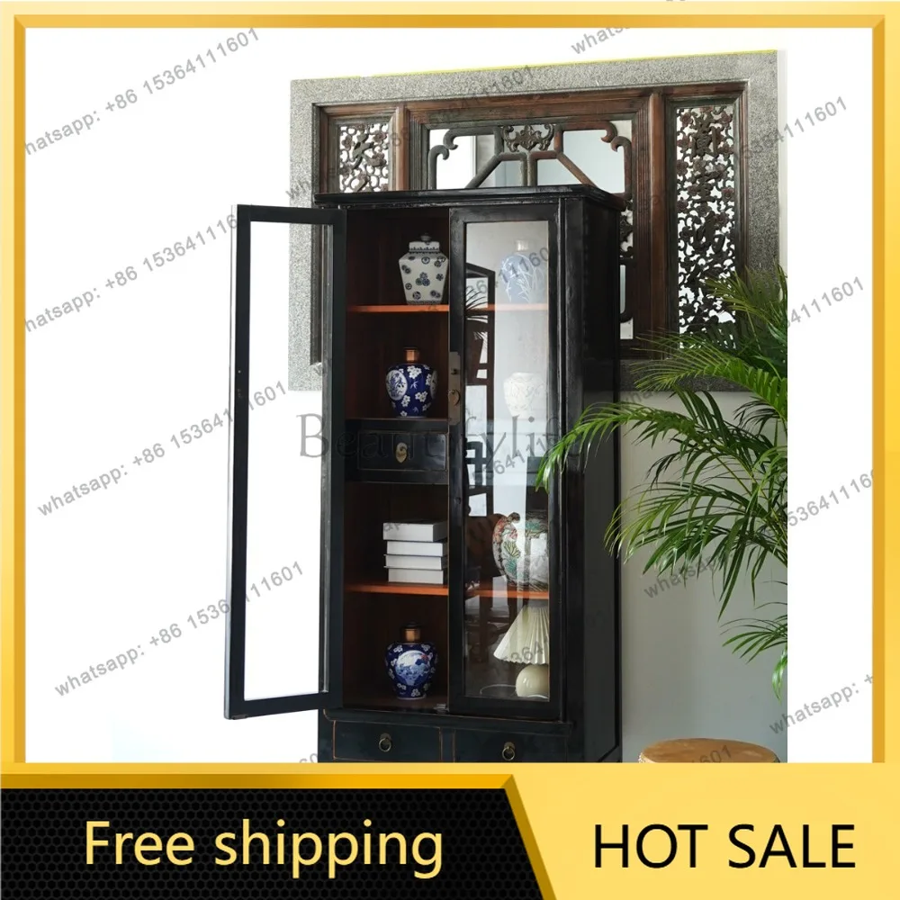 LD new Chinese solid wood retro glass display case Elm retro old display case