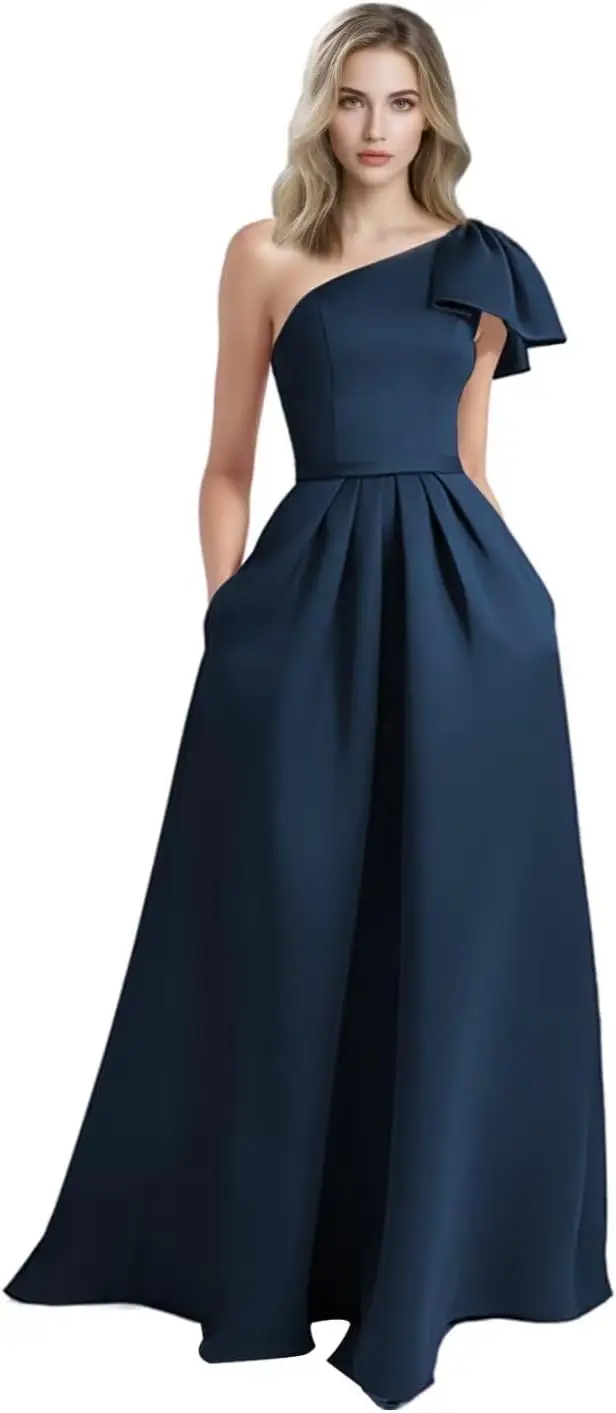 

One Shoulder Satin Bridesmaid Dresses Bow Evening Prom Formal Dress with Pockets Off Shoulder Bow Ball Gown Tea Long Party Dress