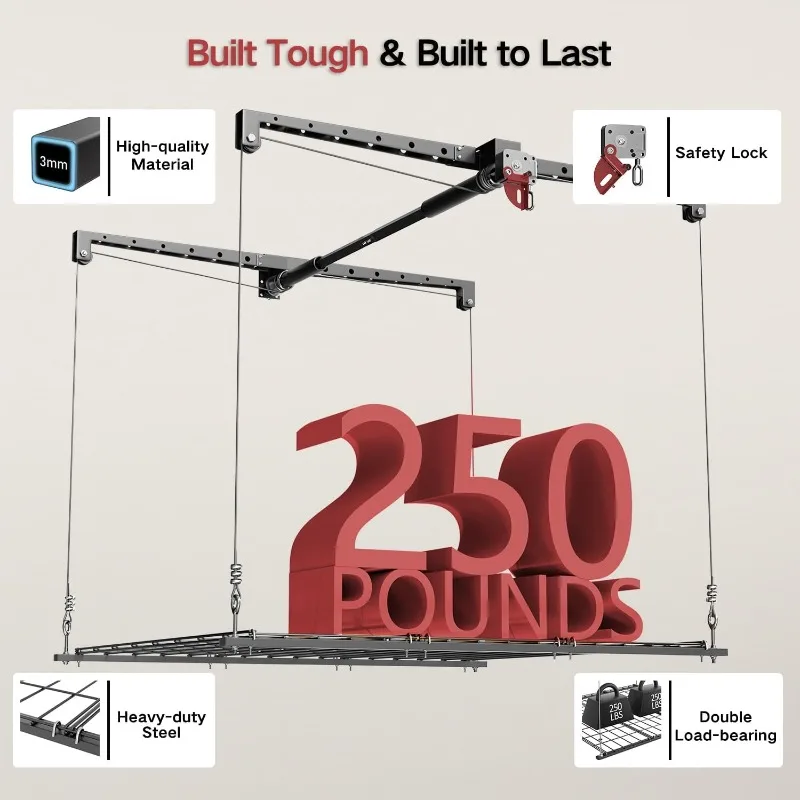 رفع تخزين المرآب، رفوف تخزين سقف المرآب شديدة التحمل 4 × 4 أقدام مع قفل أمان، مثالية لرفع تخزين السقف