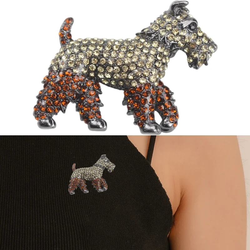 Vintage Luxury Rhinestone Puppy Brooch Dame Dog Animal Pin Elegant Ladies Clothing Accessories