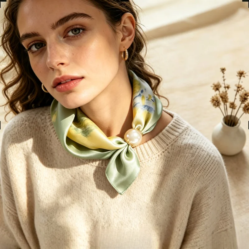 Women's Satin Neck Scarf , Fresh Yellow Green Watercolor Print, Elegant French Neckerchief,Soft Glossy Neck Bandana for Sweater