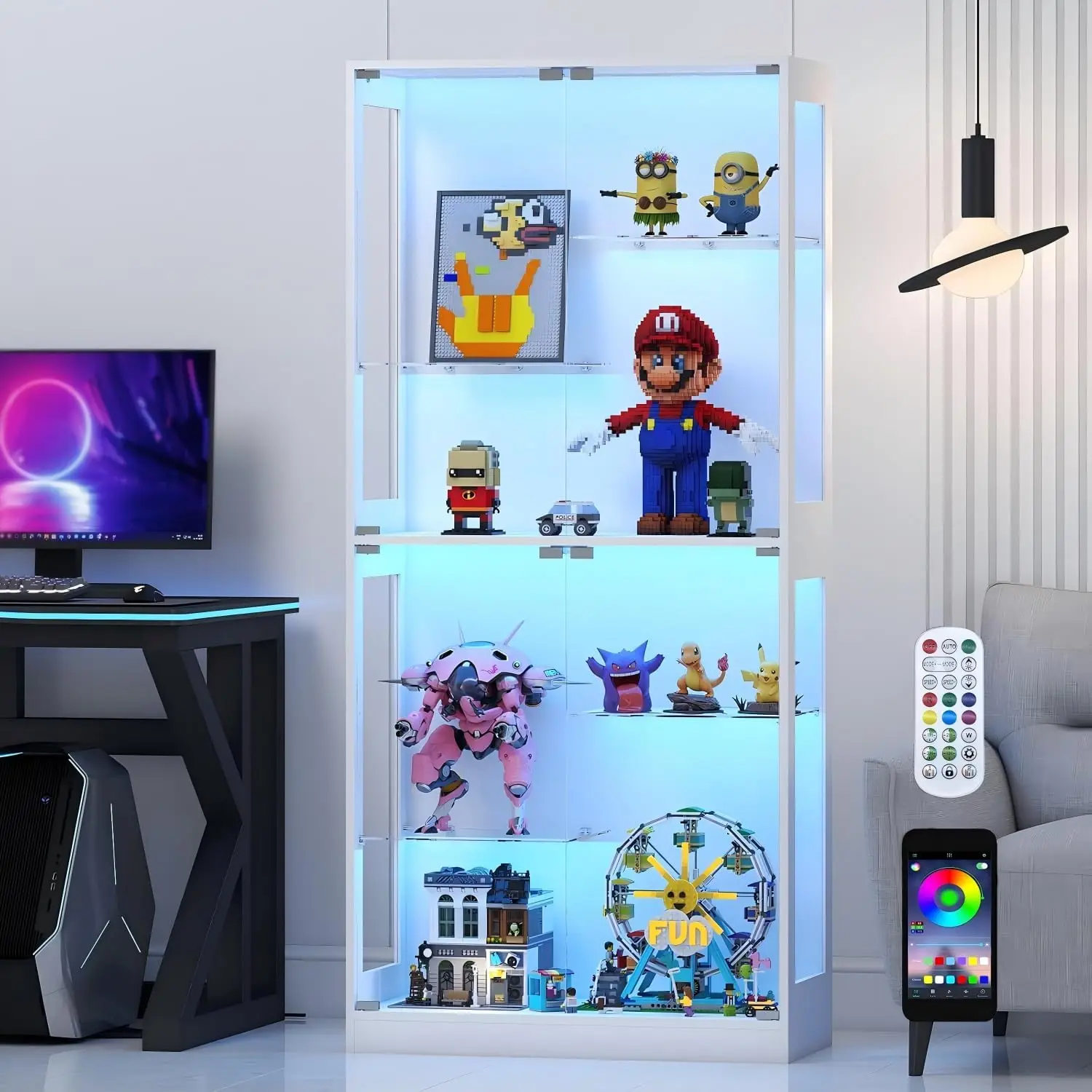 Glass Display Cabinet with RGB LED Light & Adjustable Shelf | White | 69