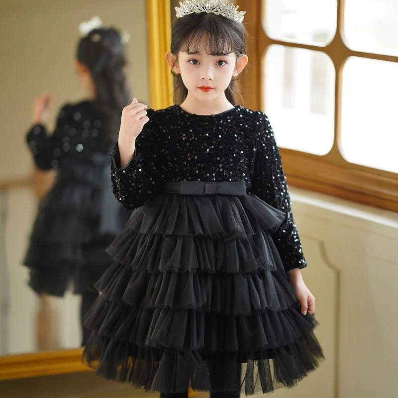 Girls women's high-end dress autumn and winter black swan dress little girl fossil style cake dress