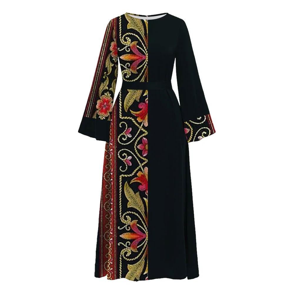 Hot Muslim Femme Print Abaya Islamic Dress Long Flare sleeve O Neck Abaya Turkey Dubai Women Clothing Marocain Kaftan With Belt