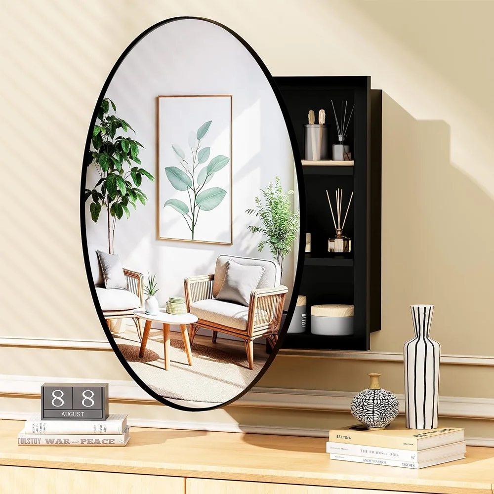 2026 NEW Round Bathroom Cabinet Mirror Wall Mounted Assembled Storage Adjustable Shelf 20.5Inch Modern Mobile Single Door Bathroom Vanity NO Assembly Home Furniture