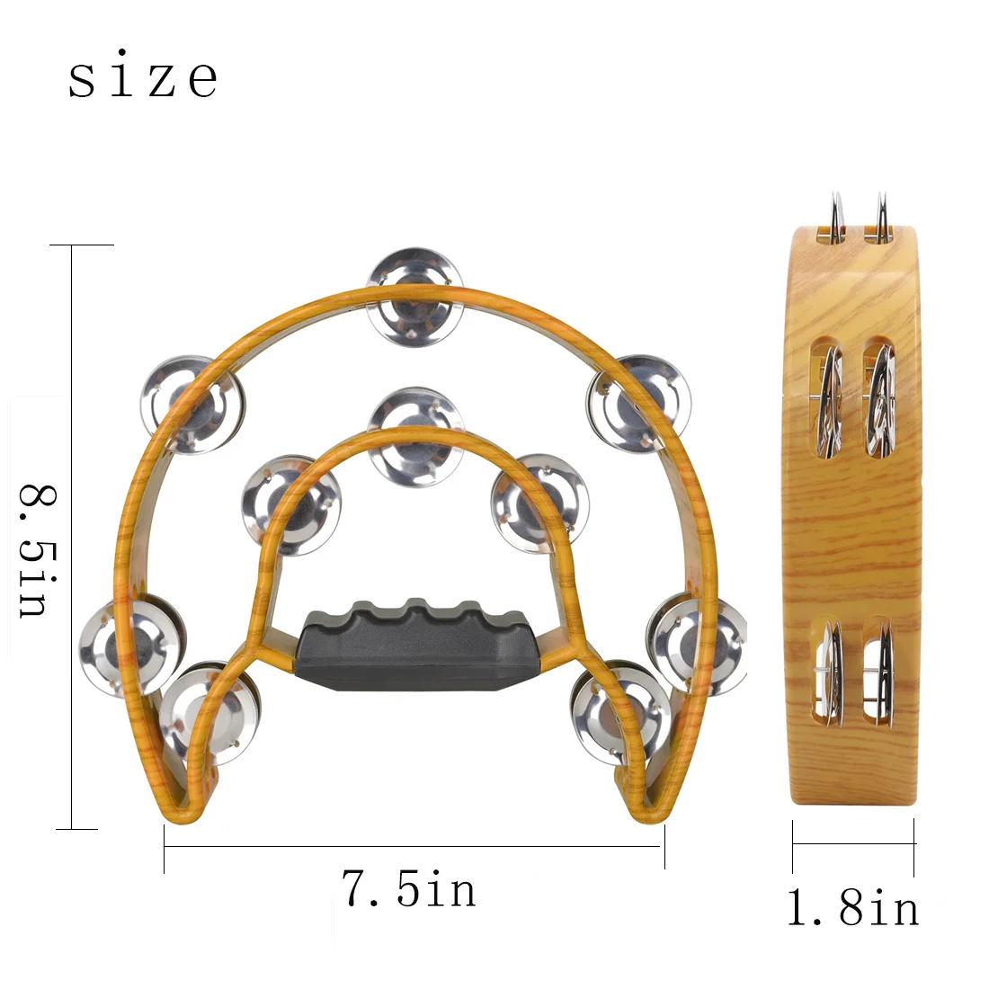 Coffee Color Wood Grain Double-layer Tambourine Half Moon Shaped Hand Bell for Performance Party Portable Musical Instrument