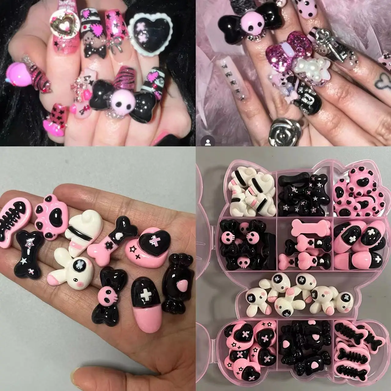 60Pcs Cute Pink Skull Girl Bow Scream Heart Large XXXL Long Nail Art Decoration Accessories Halloween Diy Phone Case Charms