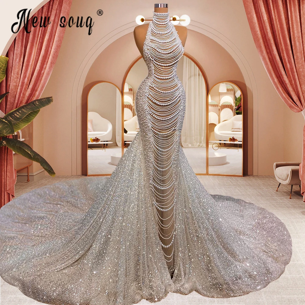 

Luxurious Wedding Dress With Pearls Dubai Sparkle Mermaid Sleeveless High Neck Bridal Gowns White Bride Robes Custom Made