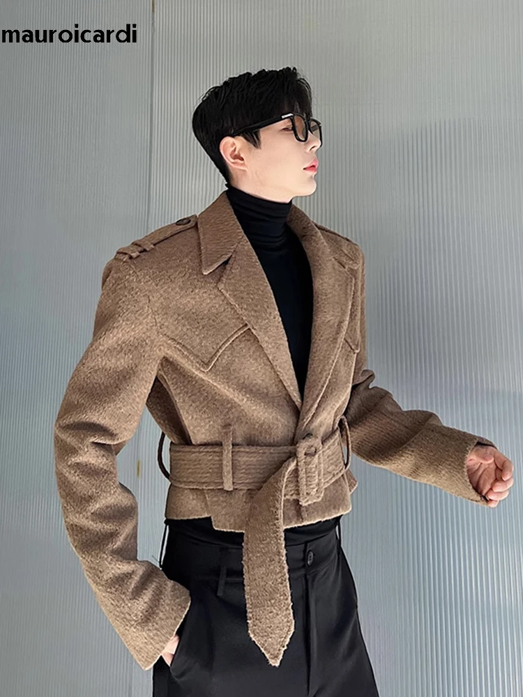 Mauroicardi Autumn Winter Short Camel Thick Warm Soft Wool & Blends Jacket Men Belt Luxury Designer Clothes Korean Fashion 2023