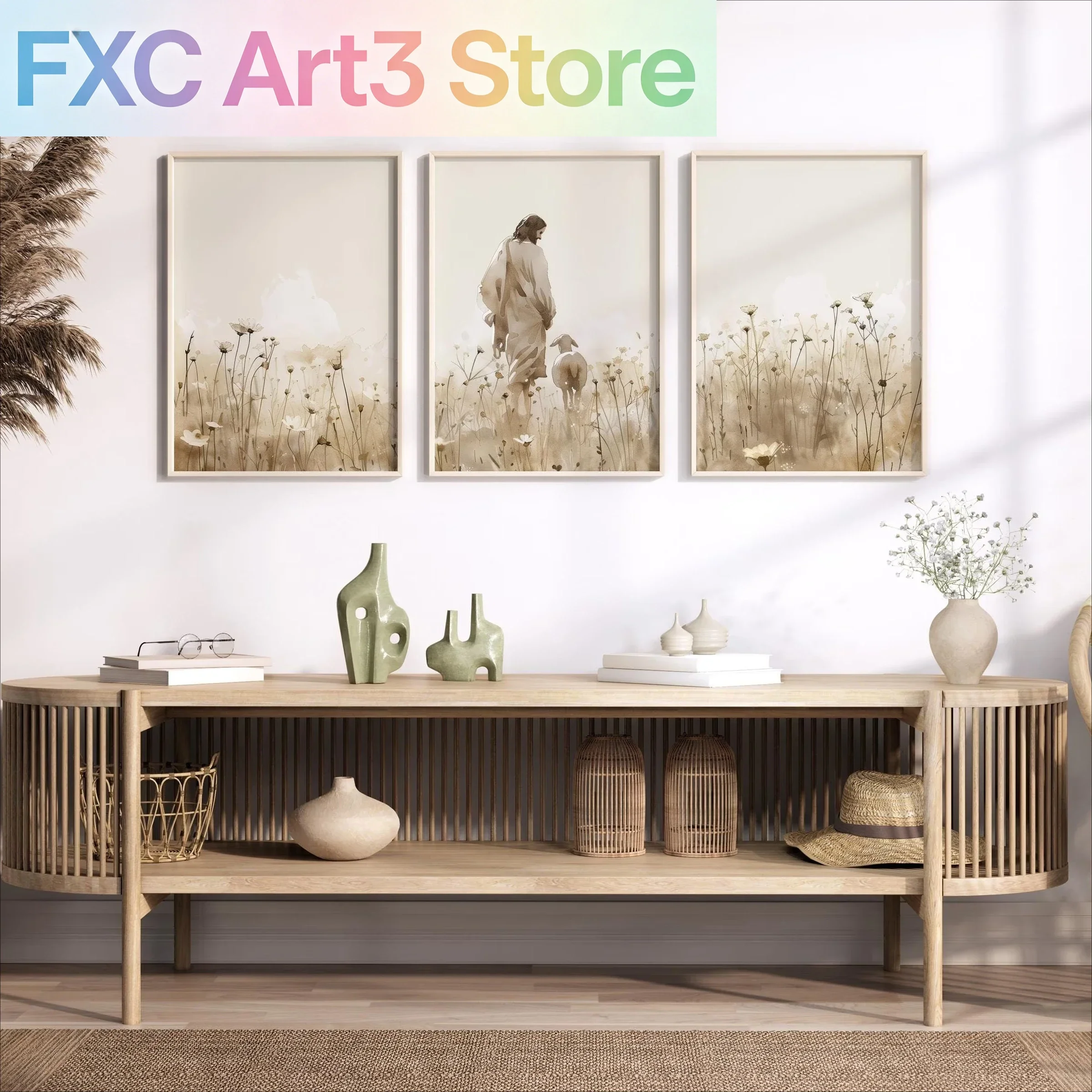 3pcs/Set frameless, Jesus The Lost Sheep Wild Flower Field Canvas Print Beige Bible Prayer Christian Faith Shepherd Poster for H