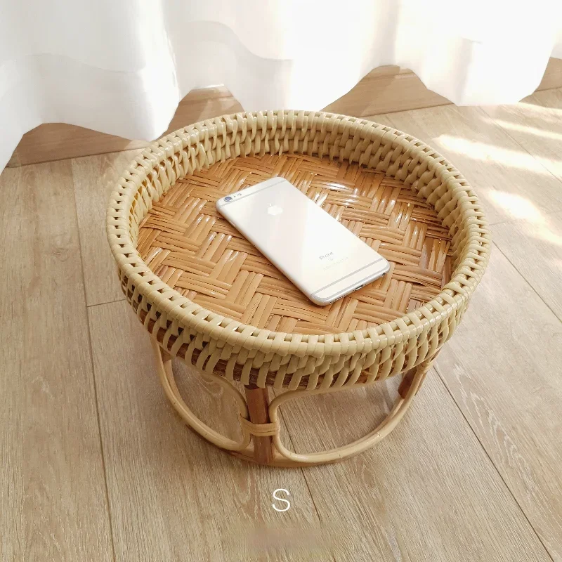 Japanese Rattan Woven Coffee Table, Handmade Bamboo Bed Table, Bay Window Snack Tray, Low Round Picnic Table, Natural Design