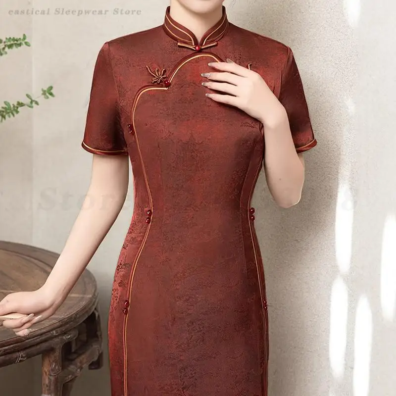 

Spring Summer New Cheongsam Lady Print Qipao New Chinese Style Dress Satin Mandarin Collar Vestidos Plus Size 3XL 4XL Gown