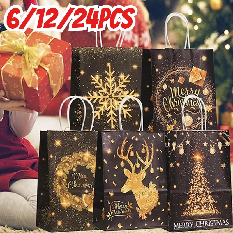 

2024 NEW Gold Black Kraft Gift Bag with Handle Elk Snowflake Christmas Tree Bronzing Paper Bag Merry Christmas Party Favors Bags