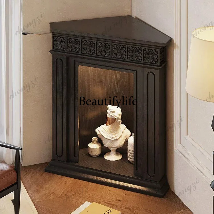 American solid wood corner fireplace cabinet antique display cabinet carved triangle shelf background