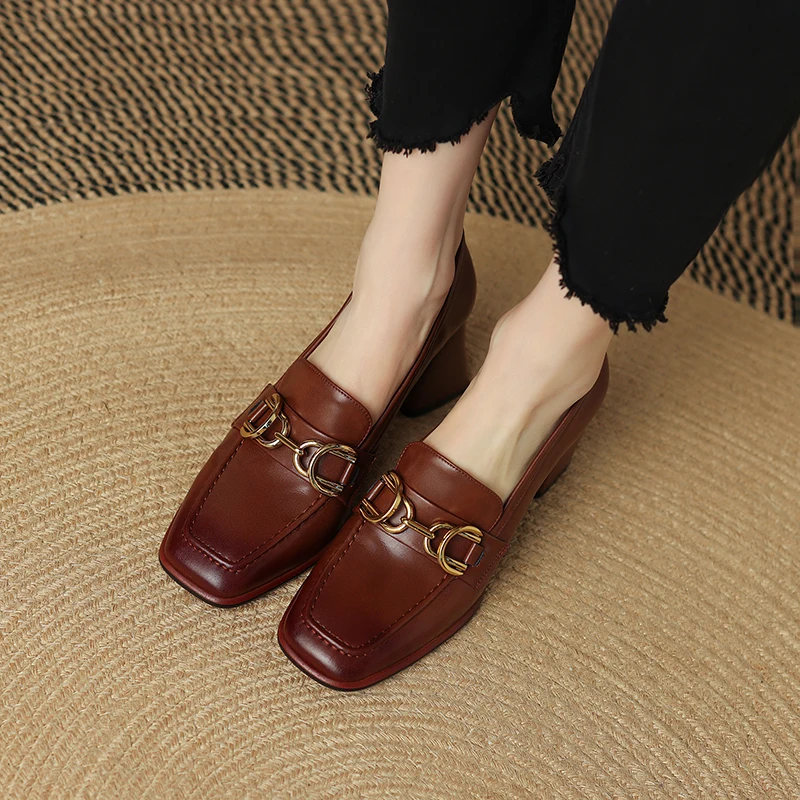 2022 Spring New Genuine Leather Women Shoes Leisure Women Slip-On Shallow Pumps Square Toe Heels Shoes Women Zapatos De Mujer