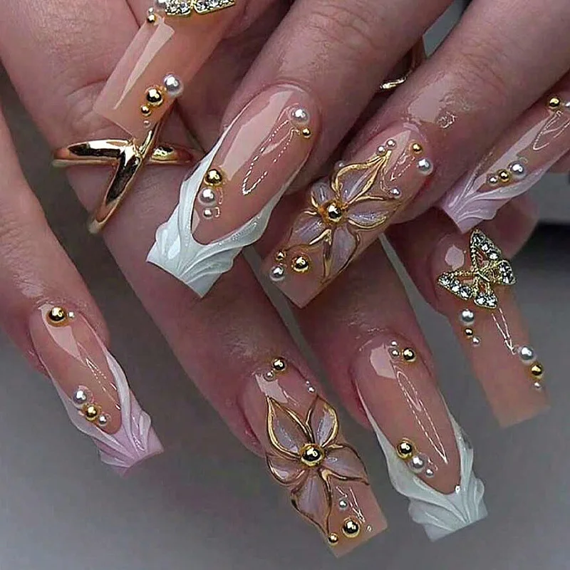 24PCS Luxury 3D Flower Press on Nails with Gold Pearl and Rhinestone Decor False Nails Sweet French Design  Acrylic Nail Tips