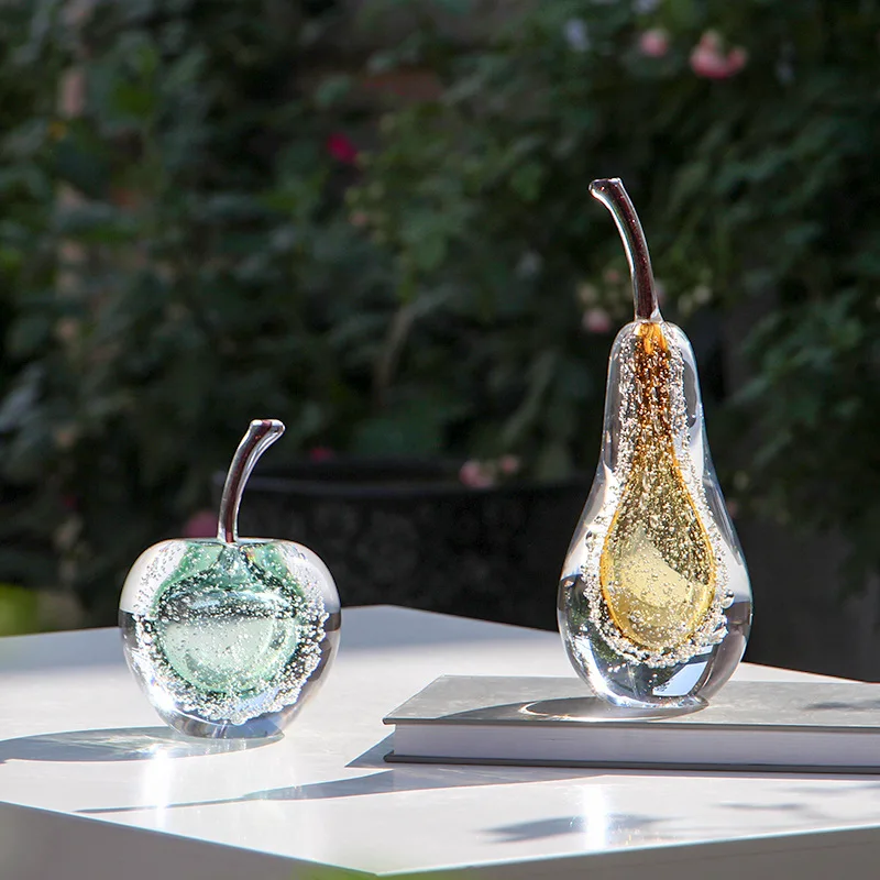 Coloured Glaze Transparent Bubble Apples/Pear Glass Statue Desk Decoration Ornaments Crafts Fruits Sculpture Room Luxury Gift