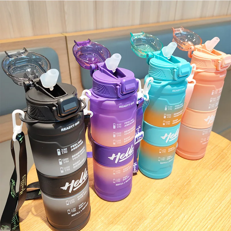 2PC Gradual Change Color Space Cup Straw Portable Strap Plastic Kettle Outdoor Fitness Sports Water Bottle Drinkware Straw Cup