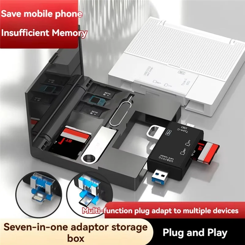ABKI-7 In1 قارئ بطاقات متعدد الوظائف صندوق تخزين USB2.0 TF SD بطاقة الذاكرة حافظة مايكرو نوع C محول بطاقة صندوق تخزين B