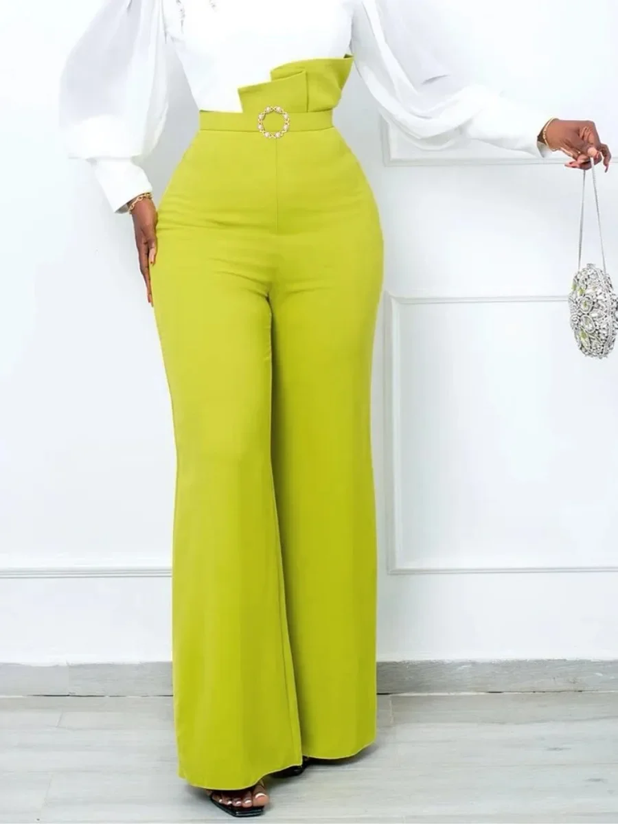 Trousers for Women 2024 Elegant High Waist Pearl Buckle Peplums Wide Leg Pants Party Business Work Wear England Style 2024 New