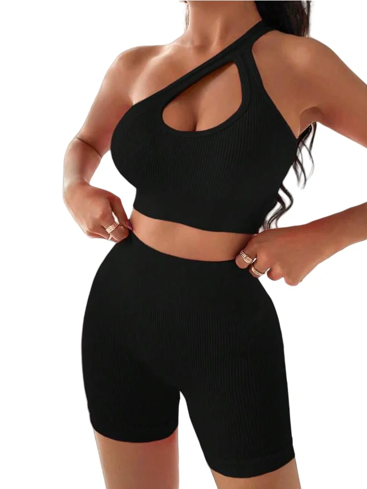 Three-color optional threaded sports yoga two-piece set, seamless hollow beautiful back + high waist three-point shorts set, hig