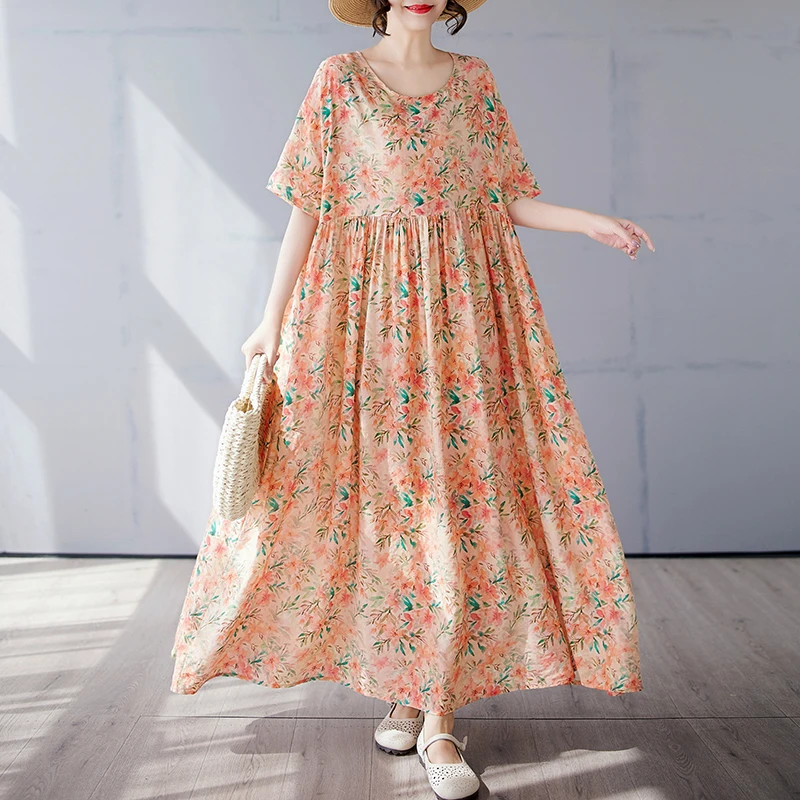 

Cotton And Linen Long Dress Women Casual Loose Flower Short Sleeve Holiday Beach Maxi Dress Spring Summer