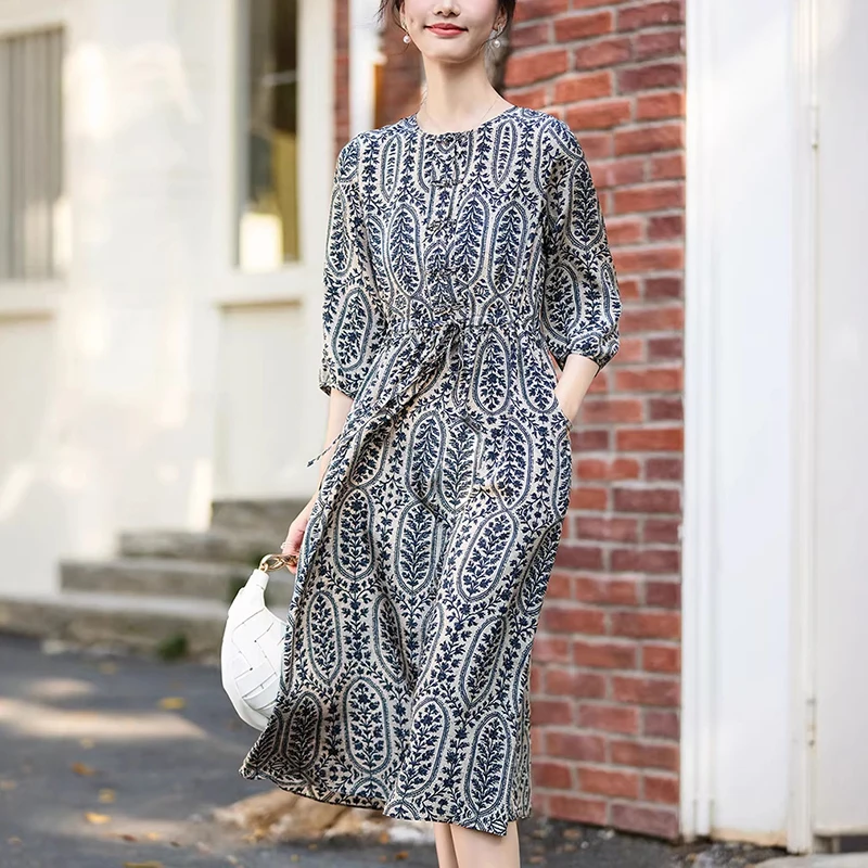New Elegant Vintage Dresses for Women 2026 Summer O-neck Three Quarter Sleeve 100% Real Silk Women's Print Long Dress A-line