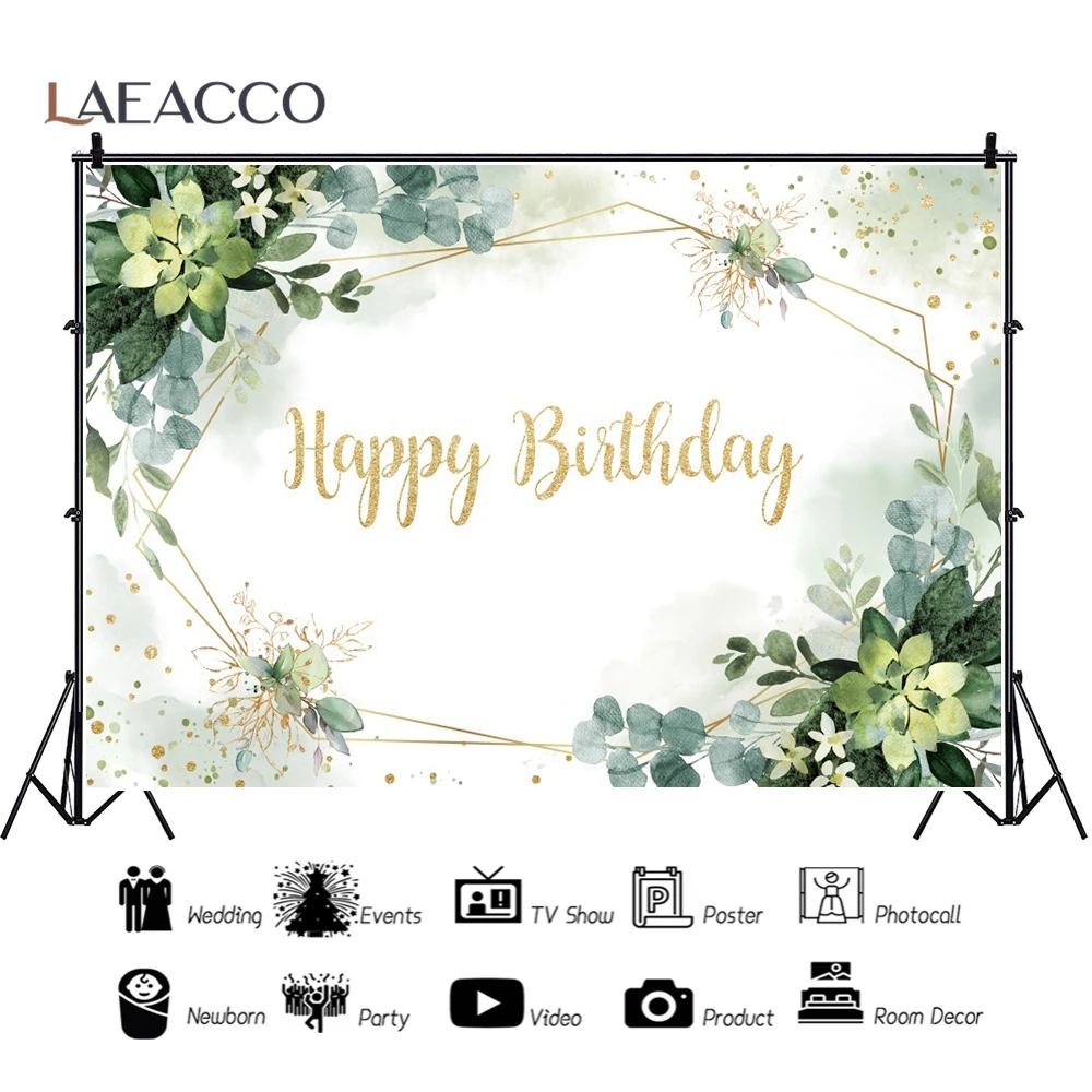 Laeacco Vinyl Happy Birthday Backdrop For Photography Gold Frame Pink Pampas Grass Flowers Baby Shower Custom Photo Background